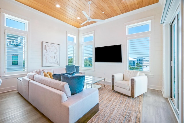 40 Cote D Azur Dr, Santa Rosa Beach, FL 32459 - living room featuring wooden ceiling, wood finished floors, recessed lighting, baseboards, and a ceiling fan