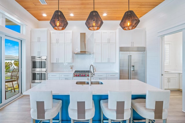 40 Cote D Azur Dr, Santa Rosa Beach, FL 32459 - kitchen with light wood-style flooring, wood ceiling, stainless steel appliances, wall chimney range hood, and a sink