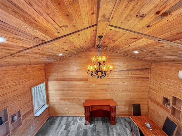 178 Osage Dr, Defuniak Springs, FL 32433 - interior space featuring wooden walls, wood finished floors, wood ceiling, and a notable chandelier