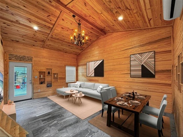 178 Osage Dr, Defuniak Springs, FL 32433 - living area featuring lofted ceiling with beams, a chandelier, wood walls, wood finished floors, and wooden ceiling