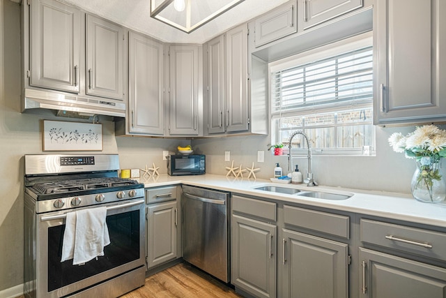1017 Revere Dr, Pensacola, FL 32505 - kitchen with a sink, appliances with stainless steel finishes, gray cabinetry, light countertops, and under cabinet range hood