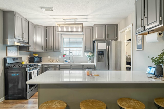 1017 Revere Dr, Pensacola, FL 32505 - kitchen featuring a breakfast bar area, gray cabinets, stainless steel appliances, and a sink