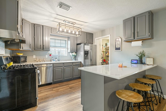 1017 Revere Dr, Pensacola, FL 32505 - kitchen with a sink, visible vents, stainless steel appliances, gray cabinetry, and a peninsula