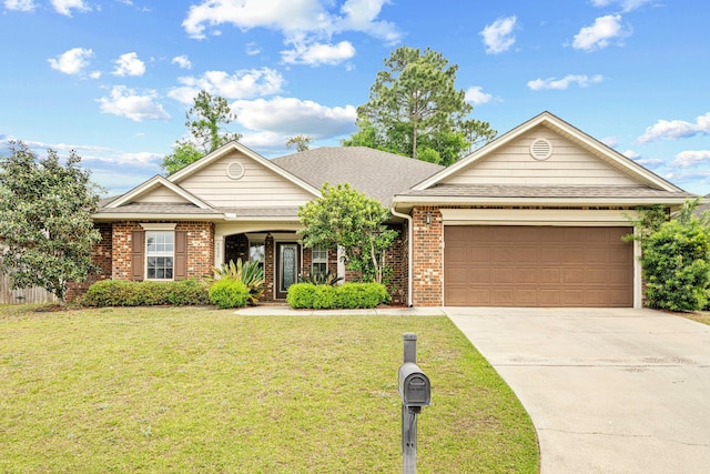 view of front of home with brick siding, a garage, roof with shingles, a front lawn, and concrete driveway