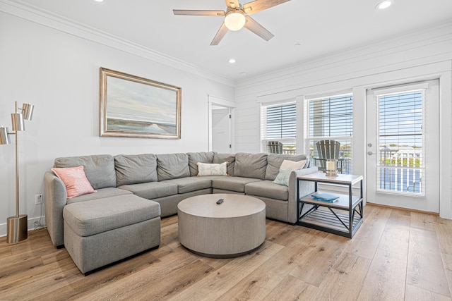 116 Riviera Dr, Panama City Beach, FL 32413 - living area featuring ceiling fan, ornamental molding, light wood finished floors, and recessed lighting