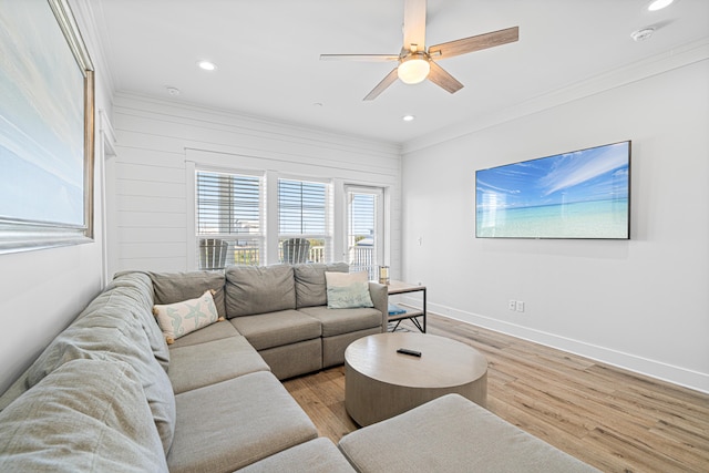 116 Riviera Dr, Panama City Beach, FL 32413 - living area with a ceiling fan, light wood finished floors, baseboards, ornamental molding, and recessed lighting