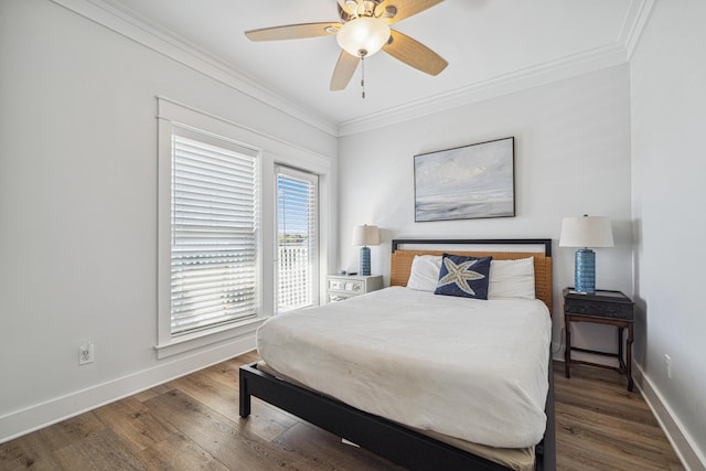 116 Riviera Dr, Panama City Beach, FL 32413 - bedroom with baseboards, wood finished floors, access to outside, and ornamental molding