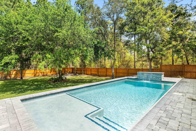 view of swimming pool with a yard, a fenced backyard, and a fenced in pool