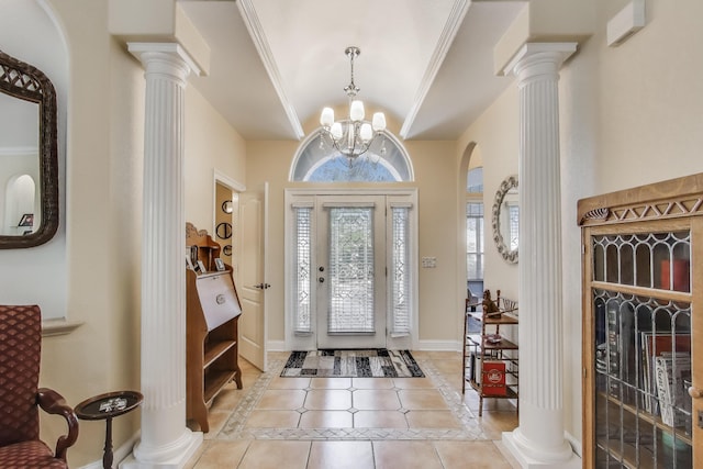 226 Talquin Cv, Destin, FL 32541 - foyer entrance featuring an inviting chandelier, tile patterned flooring, and ornate columns