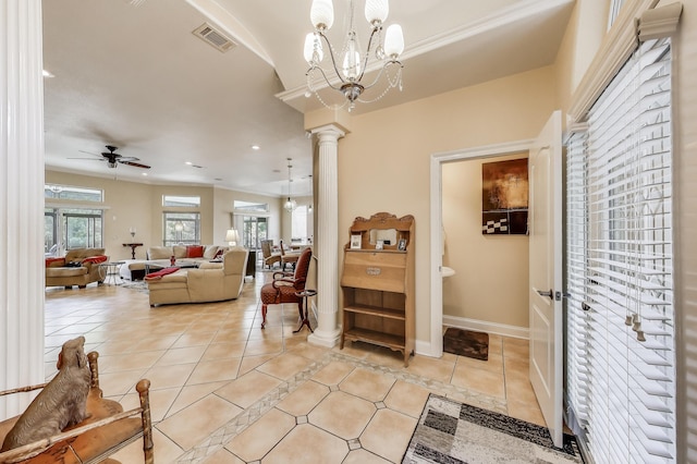 226 Talquin Cv, Destin, FL 32541 - foyer entrance featuring visible vents, light tile patterned flooring, recessed lighting, ornate columns, and ceiling fan with notable chandelier