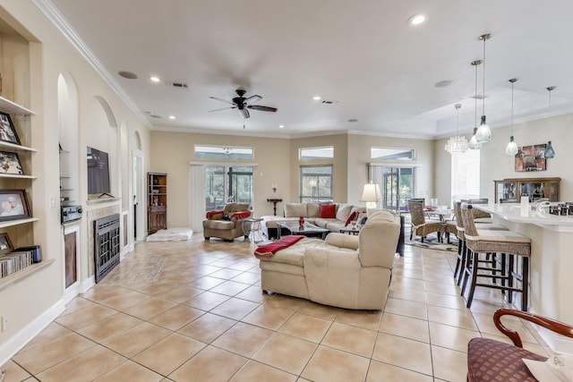 226 Talquin Cv, Destin, FL 32541 - living room featuring visible vents, built in features, light tile patterned flooring, ceiling fan, and recessed lighting