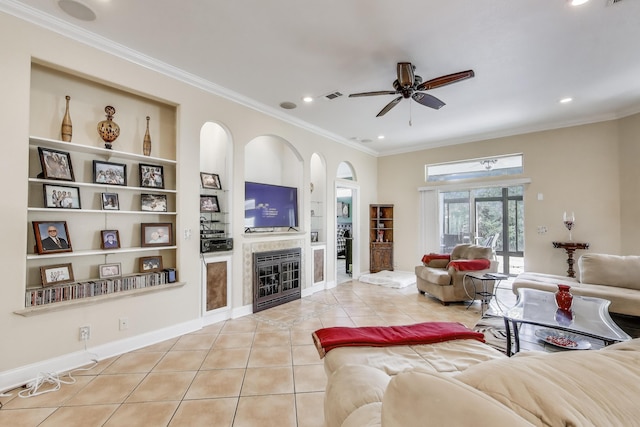 226 Talquin Cv, Destin, FL 32541 - living room featuring ceiling fan, visible vents, built in shelves, tile patterned floors, and recessed lighting