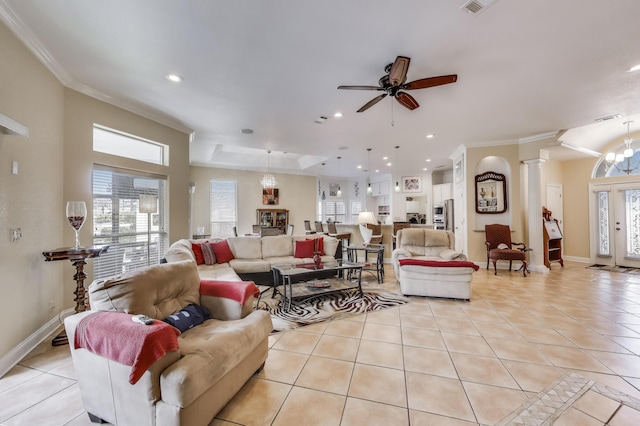 226 Talquin Cv, Destin, FL 32541 - living area with ceiling fan, recessed lighting, light tile patterned floors, ornate columns, and ornamental molding