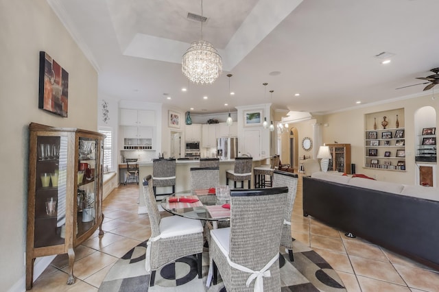 226 Talquin Cv, Destin, FL 32541 - dining area with crown molding, visible vents, recessed lighting, ceiling fan with notable chandelier, and light tile patterned floors