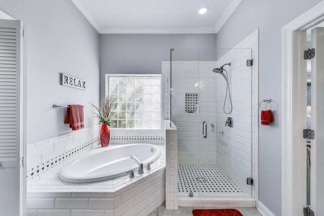 226 Talquin Cv, Destin, FL 32541 - bathroom featuring crown molding, plenty of natural light, a shower stall, and a bath