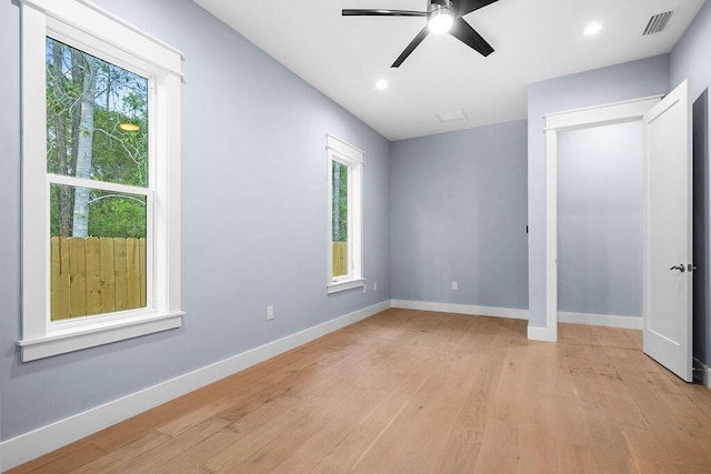 42 Central 8th St, Santa Rosa Beach, FL 32459 - unfurnished bedroom with a ceiling fan, visible vents, light wood-type flooring, baseboards, and recessed lighting