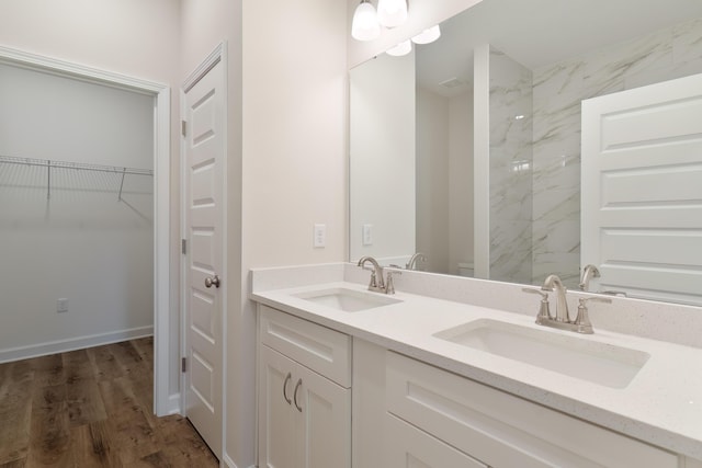 bathroom with a walk in closet, wood finished floors, double vanity, and a sink