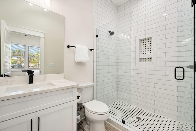 full bathroom with a shower stall, vanity, and toilet