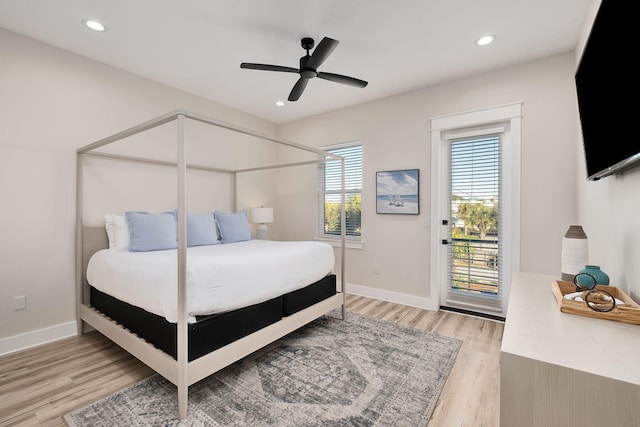 bedroom featuring light wood-style floors, access to exterior, recessed lighting, a ceiling fan, and baseboards