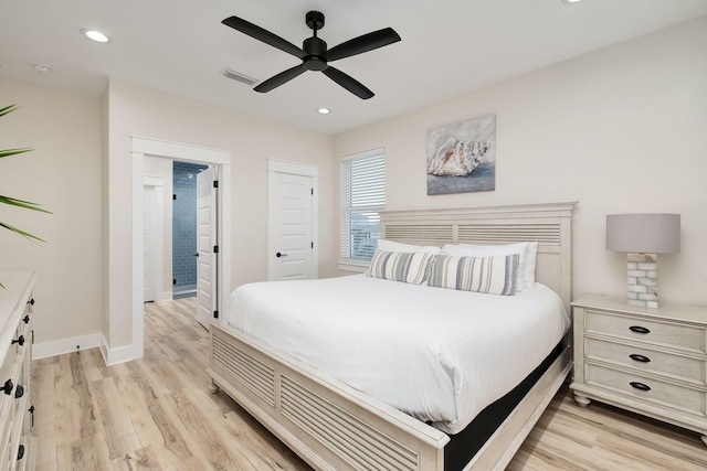 bedroom with light wood finished floors, baseboards, recessed lighting, and a ceiling fan