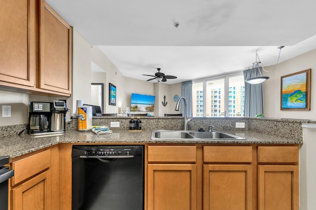 4207 Indian Bayou Trl Unit 2501, Destin, FL 32541 - kitchen with ceiling fan, a sink, dishwasher, stone countertops, and brown cabinetry