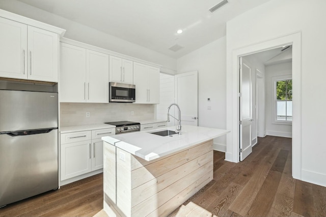 kitchen with decorative backsplash, white cabinets, a sink, appliances with stainless steel finishes, and visible vents