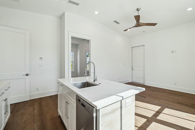 kitchen featuring a sink, visible vents, white cabinetry, stainless steel dishwasher, and dark wood finished floors
