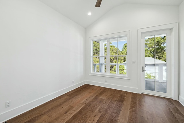 empty room featuring recessed lighting, a ceiling fan, baseboards, lofted ceiling, and dark wood finished floors