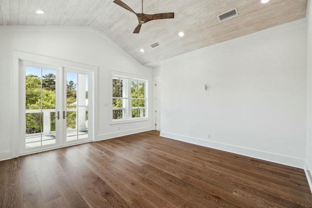 unfurnished living room with visible vents, ceiling fan, dark wood-style floors, wooden ceiling, and recessed lighting