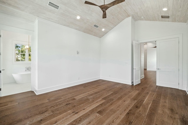unfurnished room featuring ceiling fan, lofted ceiling, visible vents, wood ceiling, and wood finished floors