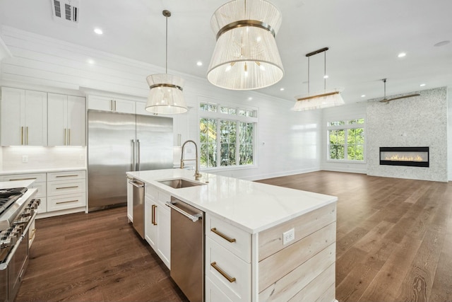 kitchen with white cabinets, a sink, visible vents, dark wood-style flooring, and high quality appliances
