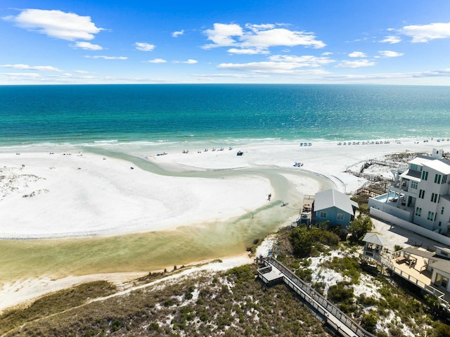 bird's eye view with a view of the beach and a water view