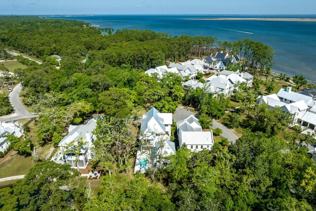 birds eye view of property featuring a residential view, a water view, and a wooded view