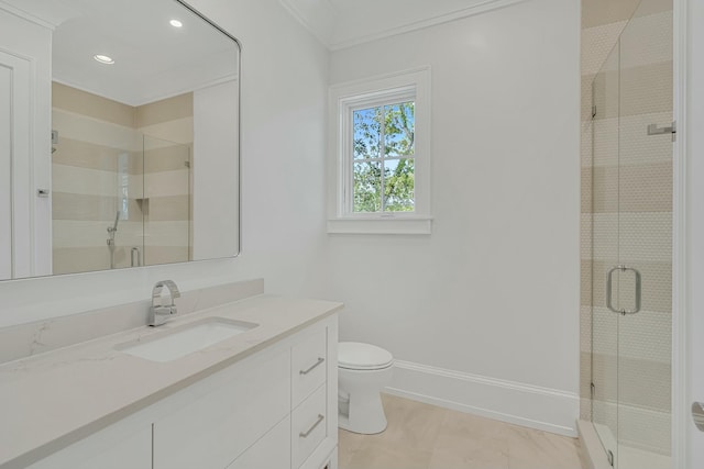 bathroom with recessed lighting, toilet, vanity, baseboards, and a stall shower