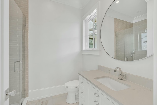full bath featuring a shower stall, vanity, toilet, baseboards, and ornamental molding