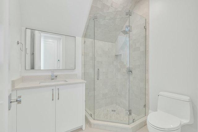 bathroom with vanity, toilet, and a stall shower