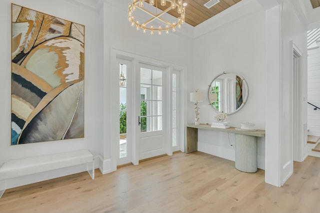 foyer with an inviting chandelier, wood finished floors, baseboards, and wood ceiling