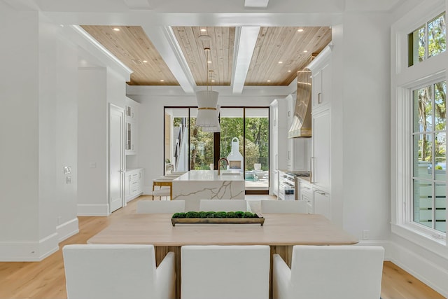 dining area with beam ceiling, wooden ceiling, light wood-style floors, and recessed lighting