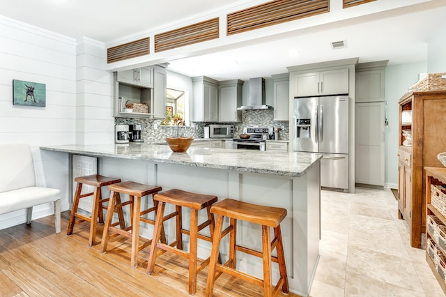 kitchen with wall chimney range hood, gray cabinetry, stainless steel appliances, a kitchen bar, and a peninsula