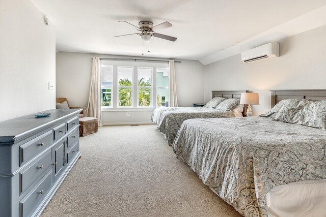 bedroom with baseboards, a wall mounted air conditioner, ceiling fan, and light colored carpet