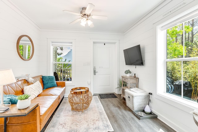 living area with ornamental molding, light wood-style flooring, and a wealth of natural light
