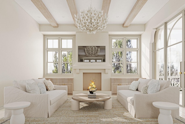 LOT39 String Lily Cv, Santa Rosa Beach, FL 32459 - living room featuring beam ceiling, a warm lit fireplace, and a chandelier