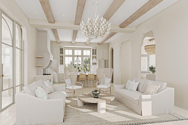LOT39 String Lily Cv, Santa Rosa Beach, FL 32459 - living area with beam ceiling, arched walkways, a chandelier, and recessed lighting