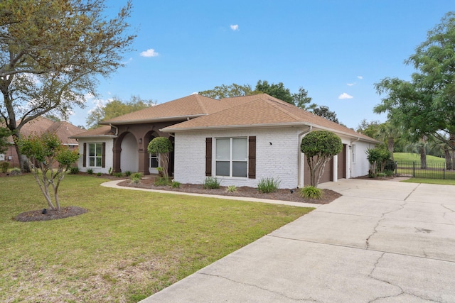 7008 Turnberry Cir, Navarre, FL 32566 - ranch-style house with a front lawn, a shingled roof, driveway, an attached garage, and fence