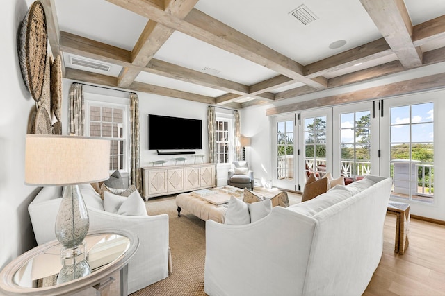 98 Compass Point Way, Inlet Beach, FL 32461 - living room with coffered ceiling, beam ceiling, wood finished floors, and baseboards