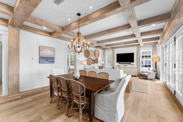 98 Compass Point Way, Inlet Beach, FL 32461 - dining area with coffered ceiling, light wood-style flooring, beam ceiling, baseboards, and a chandelier