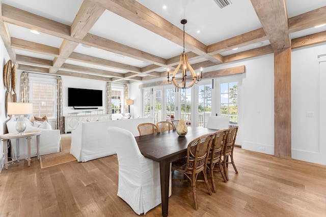 98 Compass Point Way, Inlet Beach, FL 32461 - dining room featuring coffered ceiling, beamed ceiling, light wood-style flooring, a chandelier, and recessed lighting