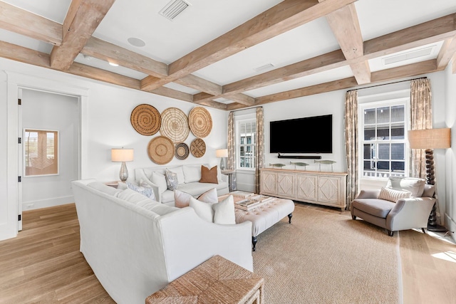 98 Compass Point Way, Inlet Beach, FL 32461 - living room featuring coffered ceiling, beam ceiling, light wood-style floors, and baseboards