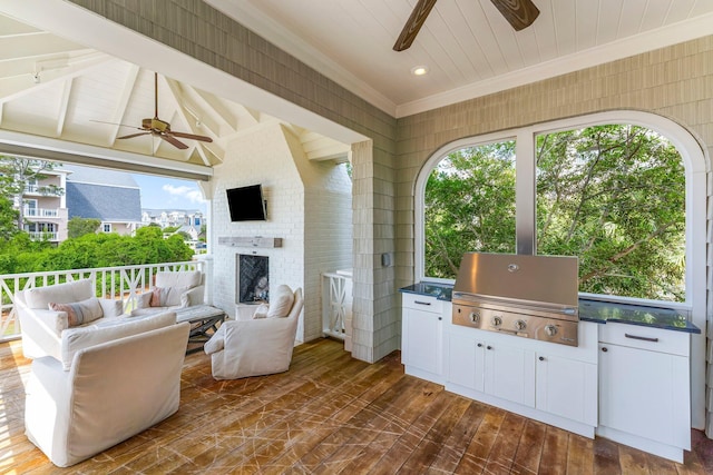 98 Compass Point Way, Inlet Beach, FL 32461 - view of patio featuring a ceiling fan, a grill, an outdoor living space with a fireplace, an outdoor kitchen, and a deck