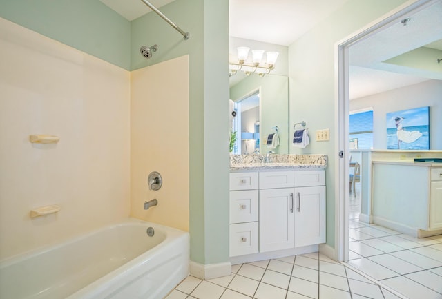 full bathroom featuring an inviting chandelier, tile patterned floors, shower / bathtub combination, and vanity
